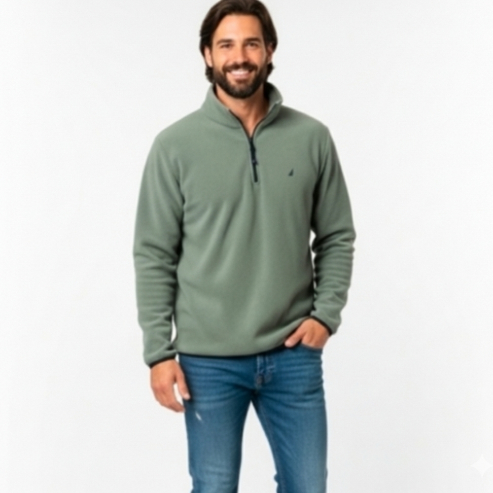 Nautica Green Zip Up Sweater with High Collar and Relaxed Fit Size XL